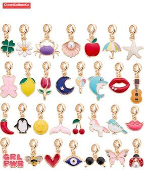 30 Pcs Enamel Charm Bracelet Making Gold Tone Large Hole Dangle Pendants DIY